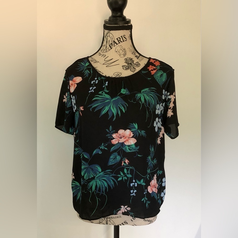 Banana Republic Floral Blouse Black with Pink, Blue, Green Size Petite Small